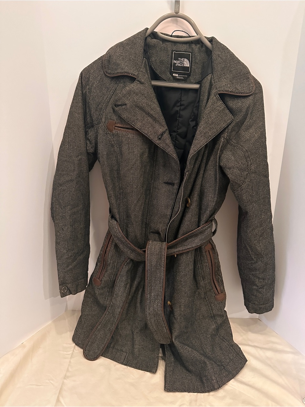 The North Face Gray Herringbone Belted Peacoat with Leather Trim